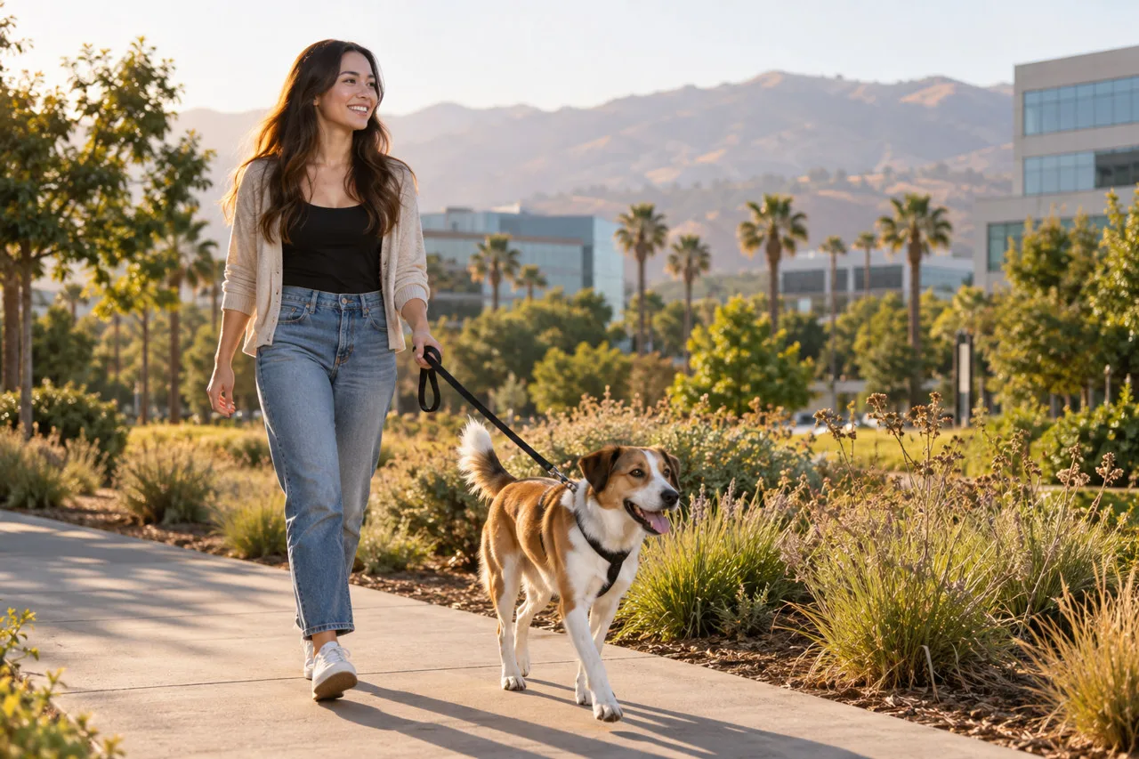 Owner walking a dog in an illustrative urban landscape